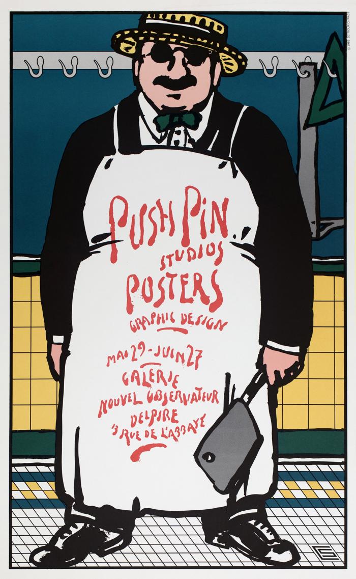 Posters depicts: man in suit, straw hat, sunglasses and butcher's apron, holding a cleaver.