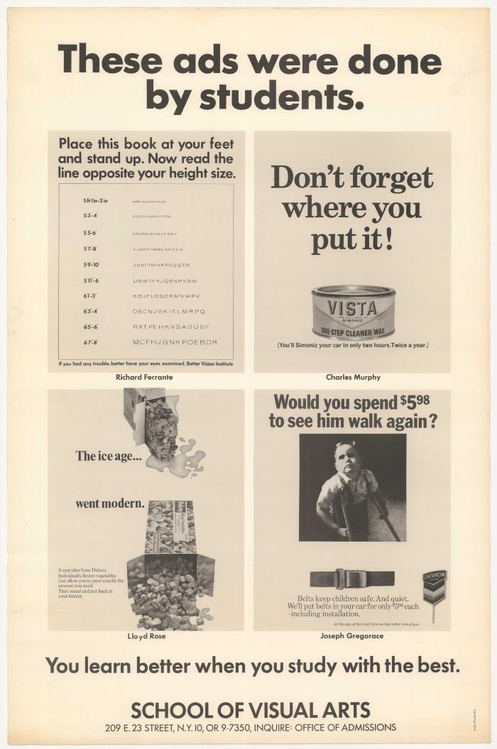 Posters depicts: Grid of 4 text-based ads for car wax, seatbelts, frozen vegetables, and Better Vision Institute