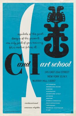 Posters depicts: White, black and blue graphics made using a mix of geometric and organic block shapes.