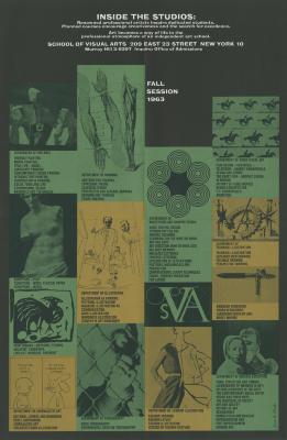 Posters depicts: Class schedule organized by department in either a green or yellow box. Each department has a small illustration relevant to the course. 