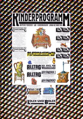 Posters depicts: Newspaper program with various cartoon illustrations of different figures sitting on couches and chairs, and groups of small figures on a table and in a cabinet