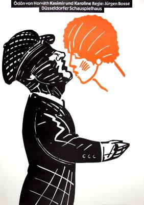 Posters depicts: Black woodblock carving style of a man kissing an orange head 