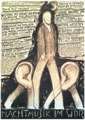 Posters depicts: Cartoon man with two large ears with legs walking next to him, surrounded by handwritten text