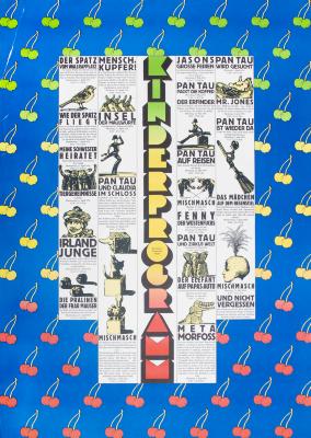 Posters depicts: Newspaper program with various illustrations of figures and different animals, cats, an elephant, a crocodile, a bird
