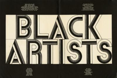 Posters depicts: Black Artists spelled out in Art Deco style black and white letters
