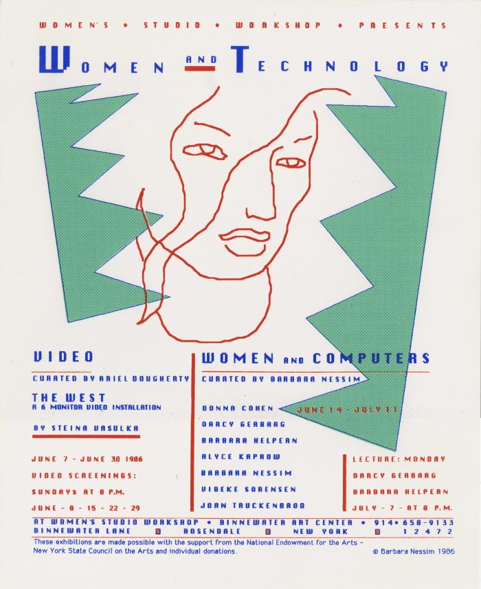 Posters, Prints depicts: Woman's face in single red outline with text about the event in original Macintosh font.