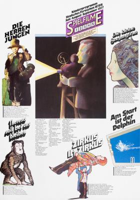 Posters depicts: Various painted illustrations, a woman in profile, a man holding an old timey camera, a monkey, etc