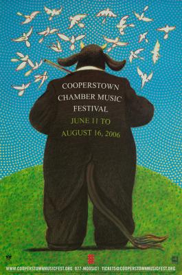 Posters depicts: Cow wearing a suit, standing and shown from the back. It's holding a violin bow and birds fly around its head.