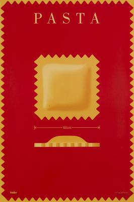 Posters depicts: One large piece of stuffed pasta representing a furniture line based on pasta shape.