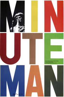 Posters depicts: Minute Man in 3 letters across and 3 rows, each letter a primary color. A soldier can be seen within the first M.