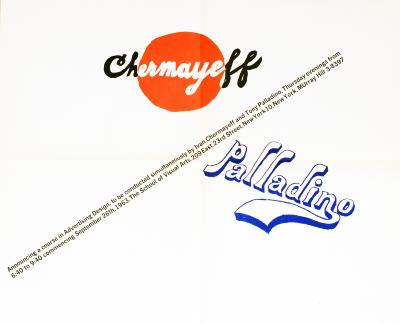 Course Announcements depicts: Handlettered Chermayeff and Palladino, Chermayeff is in black with a red circle behind it, and Palladino is in blue lettering
