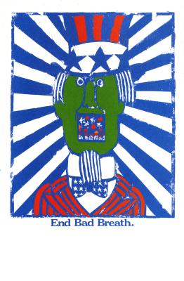 Posters depicts: woodcut print of Uncle Sam with explosions going off in his mouth