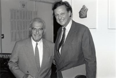 Photographic Materials depicts: Silas Rhodes and Ivan Chermayeff at reception