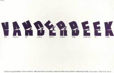 Posters depicts: The name vanderbeek in all caps, the first five letters progressively open to reveal a man tipping his hat, the last five progressively close