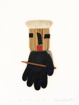 Original Art depicts: Figure holding pencil, made of a black glove body and head made of brushes glued together, bristles as hair, with torn paper eyes, nose, and lips