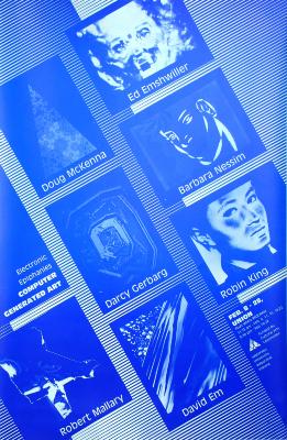 Posters depicts: blue rectangles running on a diagonal each with an artist's name and a sample of their work