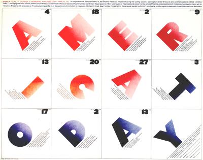 Posters depicts: Event title with each letter in a block in a 4 by 3 grid