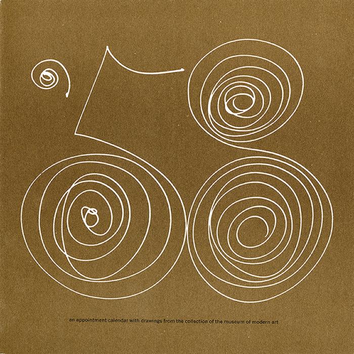 Calendars depicts: "58" handwritten on a brown paper, the 5 and 8 have spirals inside of their circular parts 