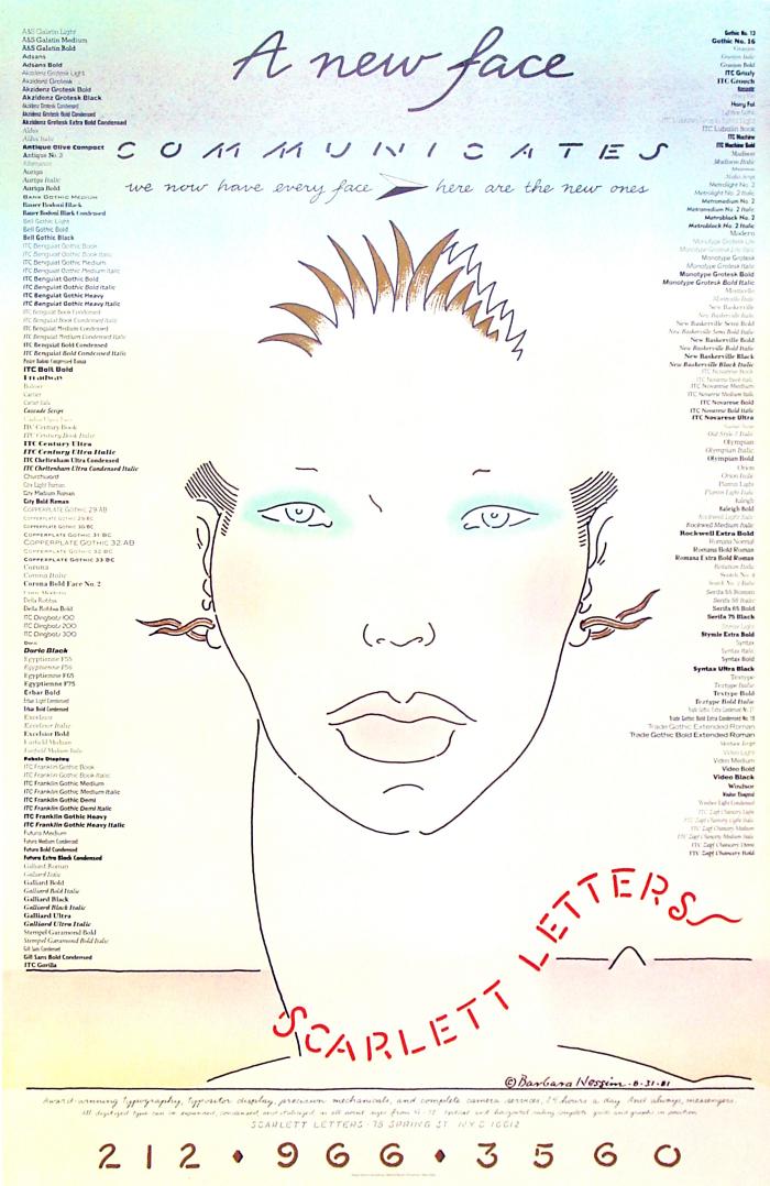 Posters depicts: portrait of a woman made from a thin black outline with green eyeshadow, full lips and spiky hair.