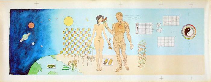 Annual Reports and Corporate Communications, Book Covers depicts: Male nude anatomical figure holding flowers up for a female nude.  They stand on the edge of the earth surrounded by graph paper, planets, and a yin and yang symbol. 
