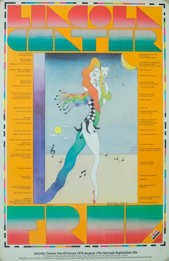 Posters depicts: Long legged woman dressed like a jester. Her leg becomes a ribbon which becomes a frame for the image.