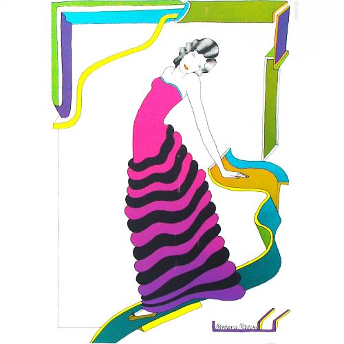 Glamorous brunette woman in a strapless pink gown standing on a ribbon