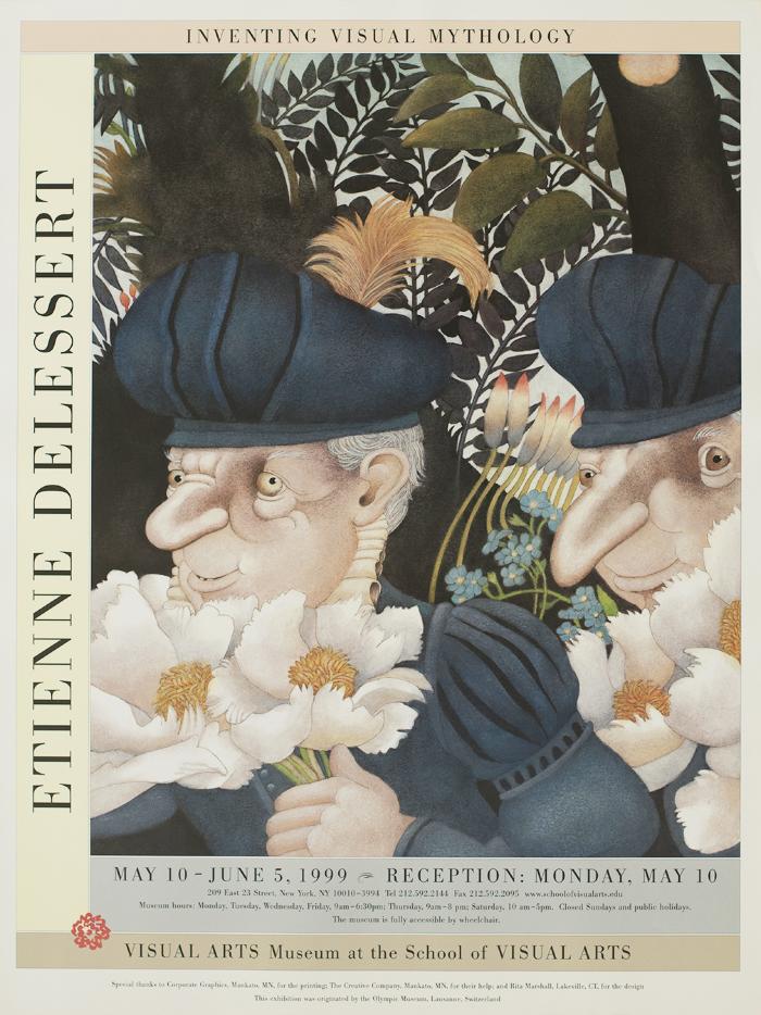 Posters depicts: two old men with big noses and bulbous hats holding flowers