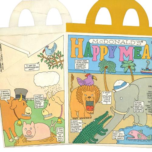 Packaging depicts: Cartoon animals on a beach telling jokes.
