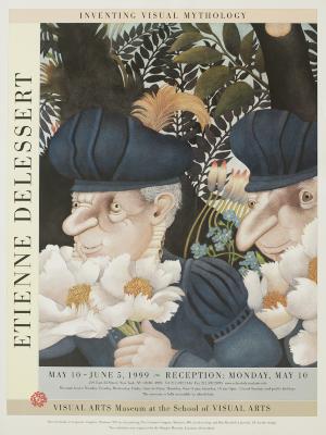 Posters depicts: two old men with big noses and bulbous hats holding flowers