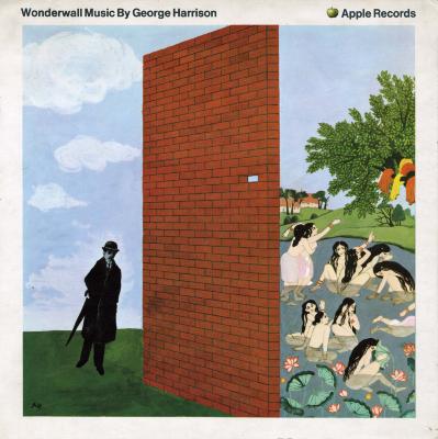 Album Covers depicts: Man in black derby hat and coat on one side of brick wall, nude figures frolicking in the water on the other side