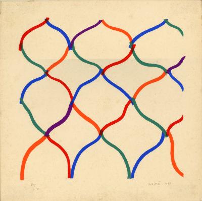 Prints depicts: Colorful arched lines joined to create a net pattern.