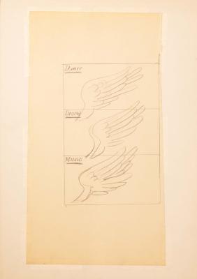 Original Art, Posters depicts: Sketch of 3 wings with the words dance, drama, music