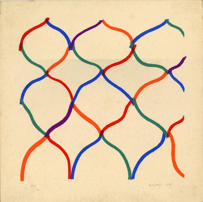 Prints depicts: Colorful arched lines joined to create a net pattern.