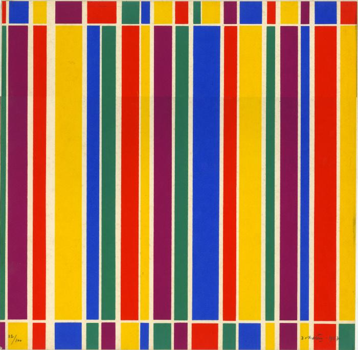 Prints depicts: Long lines and squares of colorful rectangles. 