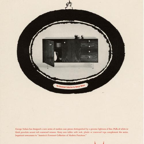 Advertisements depicts: black and white photo of a modern office desk in an oval frame