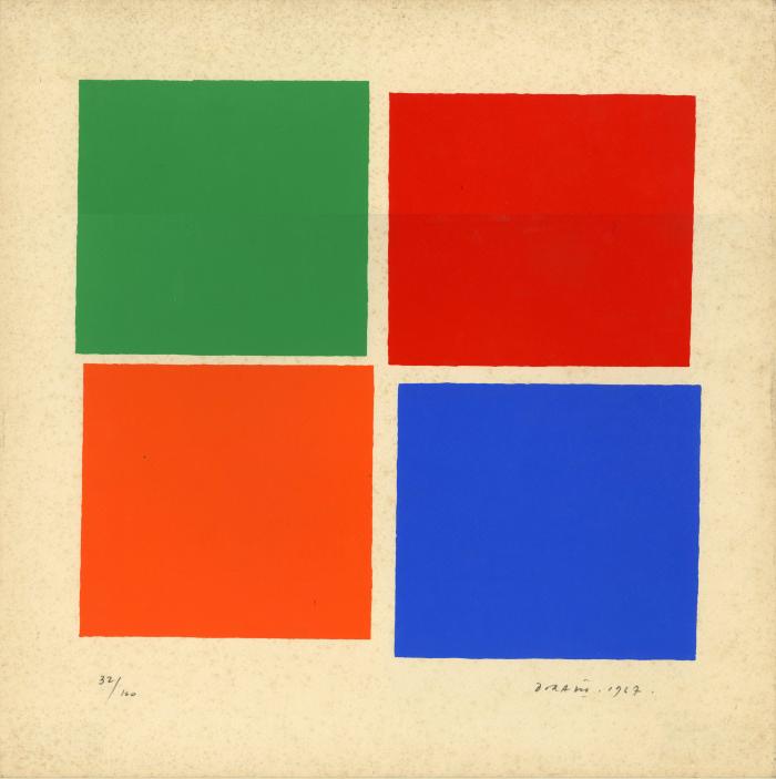 Prints depicts: Four squares. Green, red, orange, and blue. 