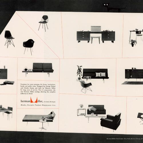 Advertisements depicts: background divided by irregular geometric shapes, each containing an image of a piece of modern office furniture