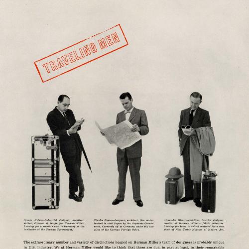 Advertisements depicts: Three businessmen with luggage and maps