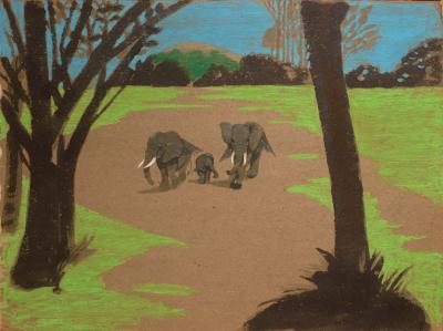 Original Art, Posters depicts: pastel drawing of elephant with wings walking down a nature path