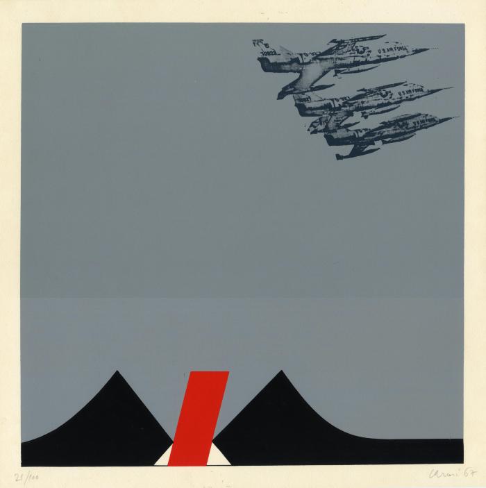 Prints depicts: Abstract distant landscape and three military planes passing by. 