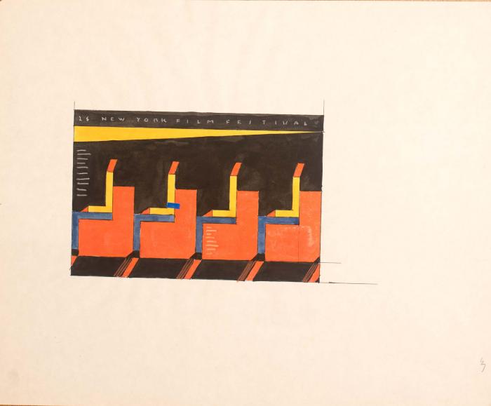 Original Art, Posters depicts: four orange chairs with seated yellow figures
