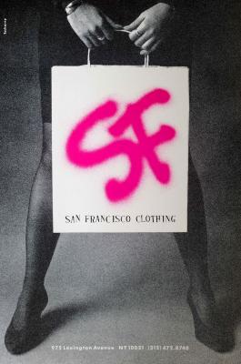 Posters depicts: Photograph of woman from waist down, holding a white shopping bag, with large pink airbrushed "S F" 