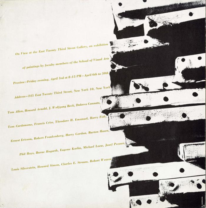 Posters depicts: stacked canvases next to list of exhibition participants