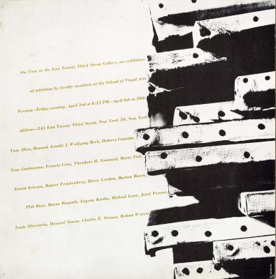 Posters depicts: stacked canvases next to list of exhibition participants