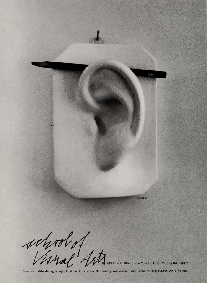 Advertisements depicts: Pencil on an ear model. Text on the bottom. 