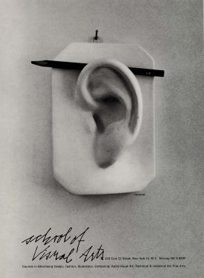 Advertisements depicts: Pencil on an ear model. Text on the bottom. 