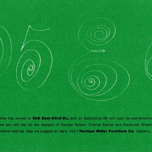 Promotional materials depicts: Green card with new address in curlicued lettering