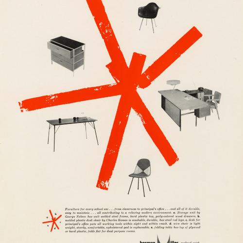 Advertisements depicts: modern office furniture divided by red lines in a star-like formation