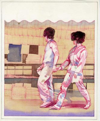 Original Art, Posters depicts: couple walking hand in hand past a magazine stand