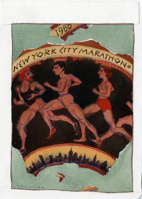 Original Art depicts: Three runners running on top of a New York City skyline